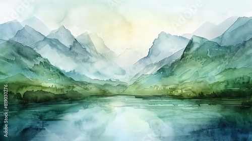 Peaceful zen landscape with mountains and a river, in calming watercolor