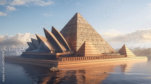 Cultural fusion: The Pyramids of Giza merged with the Sydney Opera House, celebrating iconic landmarks across diverse civilizations