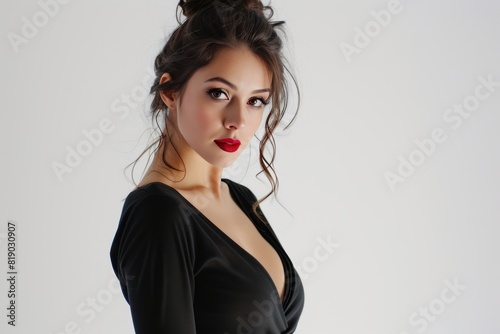 Pretty woman strikes a poised and sophisticated formal elegance pose: Capturing formality, she exudes poise and sophistication. photo on white isolated background