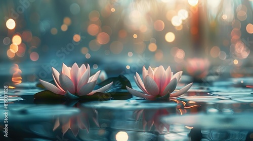 Tranquil lotus flowers blossoming in a pond, with the soft glow of bokeh lights in the background on Asalha Bucha Day