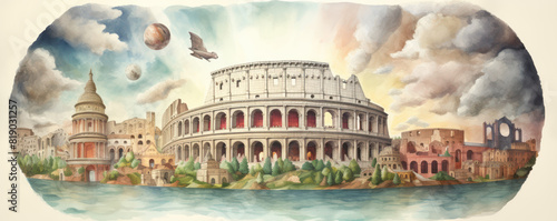 The image shows a beautiful painting of the ancient city of Rome. The Colosseum is the most prominent building in the center, with the Pantheon and other temples on either side.