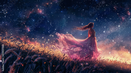 Zodiac sign Virgo illustrated as a maiden in a flowing pastel pink gown. Woman in a flowing dress standing in a field under a starry sky. Design for poster, banner, wallpaper.