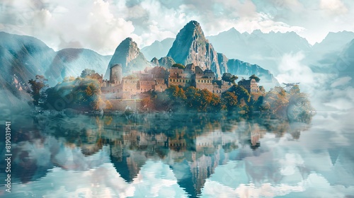 Double exposure of Machu Picchu and Venice canals, blending ancient wonders with romantic waterways.