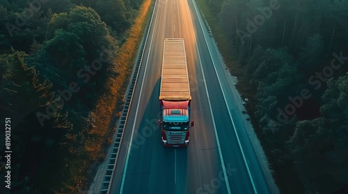 Large freight transporter semi-truck on the road, aerial view from above by drone