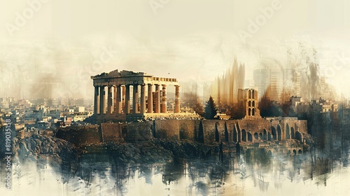 Urban juxtaposition: The Acropolis of Athens intertwined with the skyline of New Delhi in a captivating double exposure.