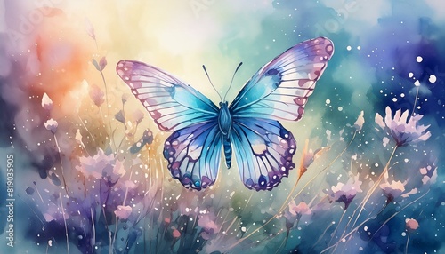 A finely detailed butterfly with intricate wing patterns, hovering over a softly blurred 