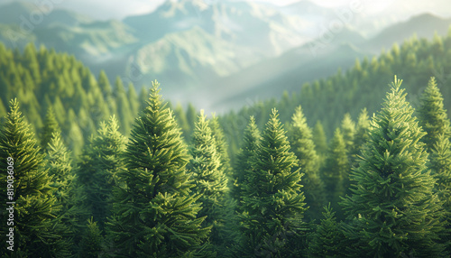 Capture the lushness of evergreen forests with towering pine trees close up, focus on greenery vibrant Fusion Mountain landscape backdrop
