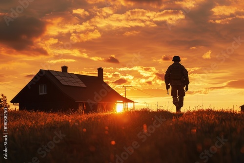 Coming Home. Silhouette of a soldier walking towards the house at sunset