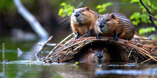 North American beavers building a dam in a Canadian river. Concept Wildlife Behavior, Ecosystem Dynamics, Canadian Wildlife, Beaver Habitat, Nature Photography
