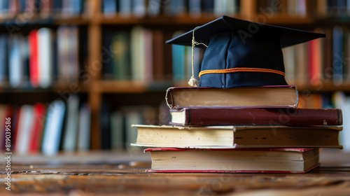 Photo of a stack of books with an academic cap 