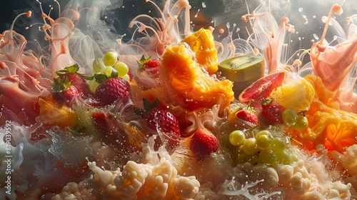A wide variety of fresh fruits bursting through a milk surface, capturing motion and freshness