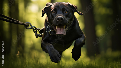 An aggressive black dog lunging forward, its muscles taut as it tests its leash's limits.