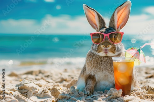 Cool Easter bunny on vacation on the beach with a cocktail