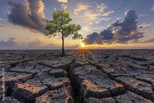 Cracked Earth and wilted tree depict severe drought caused by climate change.