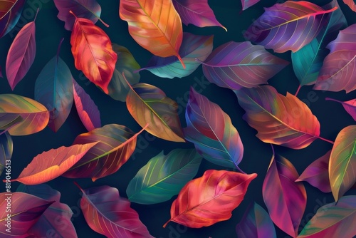 A pattern of colorful autumn leaves, each leaf in its own vibrant color against the dark background.