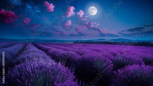 Gleaming Full Moon Over a Tranquil Purple Lavender Field, Nighttime Serenity