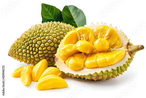 Fresh jackfruit isolated on white, whole sliced fruit visible seeds and pulp