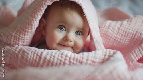 Cut little happy baby hiding under pink blanket