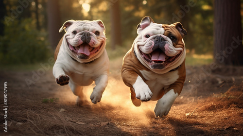 Two Bulldogs engaging in a friendly game of chase, their joyful barks filling the air with happiness.