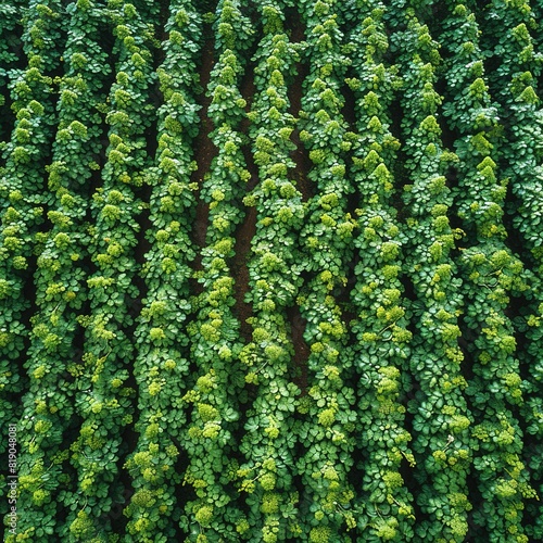 Top view of rows blackcurrant bushes