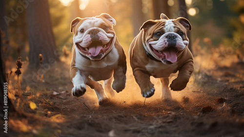 Two Bulldogs engaging in a friendly game of chase, their joyful barks filling the air with happiness.