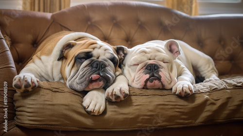 Two Bulldogs enjoying a lazy afternoon nap, snuggled together on a soft and inviting couch.