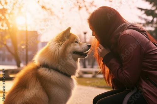 red-haired woman kneeling and face to face with akita inu dog in public park. side view