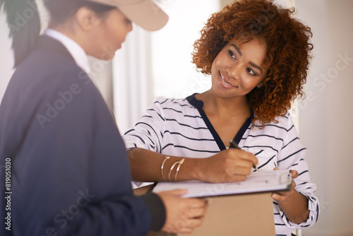 Delivery, woman and happy customer sign for box, logistics and stock order receipt paperwork. Document, courier and client signature for package, shipping and ecommerce distribution service at home