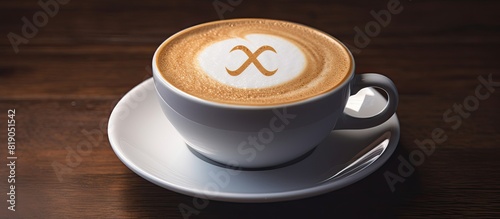 coffee cappuccino in a white cup with a symbol of Ethereum cinnamon on milk foam. copy space available