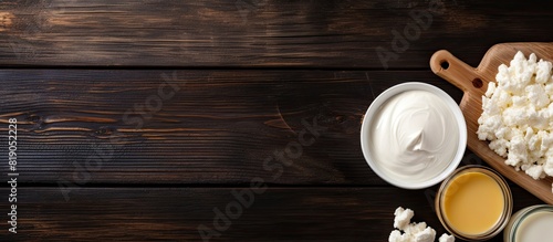 Dairy products Cheese cottage cheese milk sour cream on a black wooden background Top view Free space. copy space available