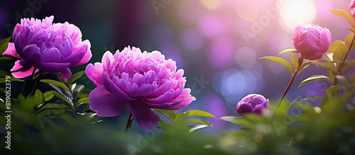 A beautiful bokeh background featuring purple peony flowers green leaves and a shallow depth of field captured in a sunny day The image has an artistic intent with film style filters and an old lens