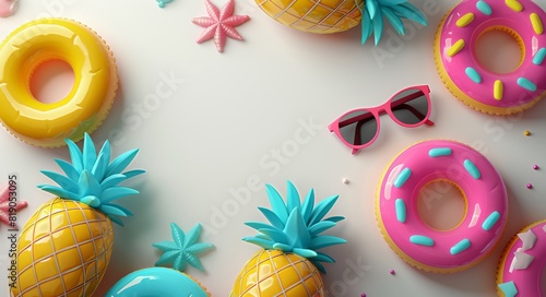Assorted donuts and pineapples with sunglasses arranged on a table