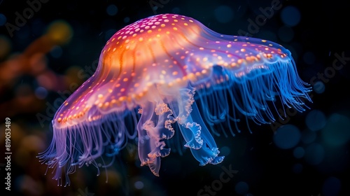 AI generated illustration of jellyfish swimming under a neon light