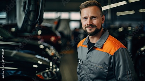 A Caucasian car mechanic 25-30 years old, in uniform, looks at the camera while in a car dealership against the backdrop of cars. repair work at a car service center