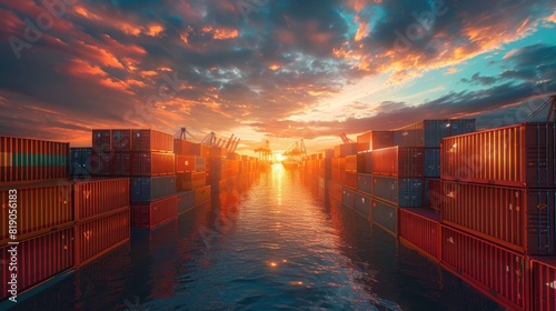 a stack of Logistics and transportation of international container cargo ship at port at sunset time, Freight , shipping, nautical vessel concept