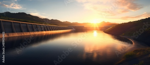Silhouette reflection of the sunset on a large dam. copy space available