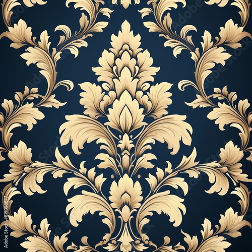 A seamless pattern with a classic damask design in gold and blue.