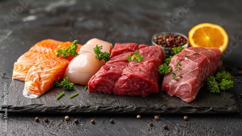 close up Raw food healthy foods selection for Carnivore diet Salmon fish Steak, Chicken meat, Chicken liver, Beef meat Steak on dark background healthy food