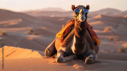 camel as a fashion-forward trendsetter, wearing a colorful Sindhi Ajrak