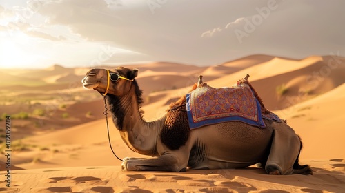 camel as a fashion-forward trendsetter, wearing a colorful Sindhi Ajrak with pride