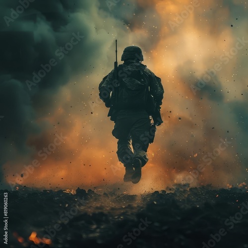 a cinematic photo of soilder running across a battlefield