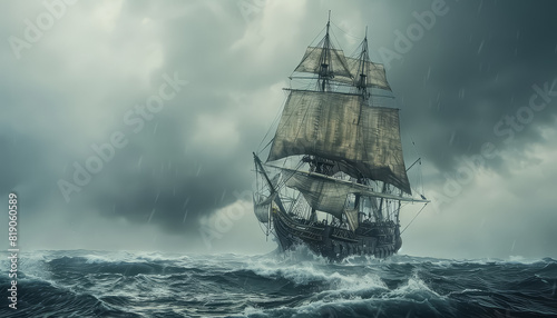 A large ship sails through a stormy sea