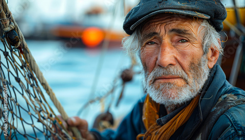 Old fisherman sits on the deck of his fishing boat and looks into the distance