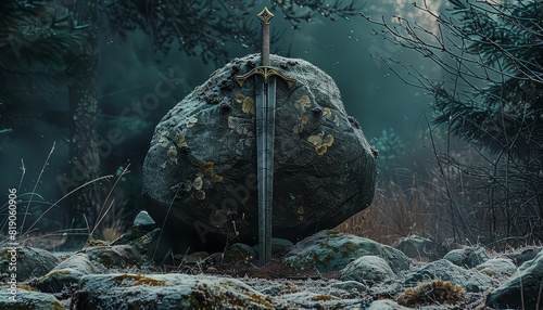 A sword is on top of a large rock in a field
