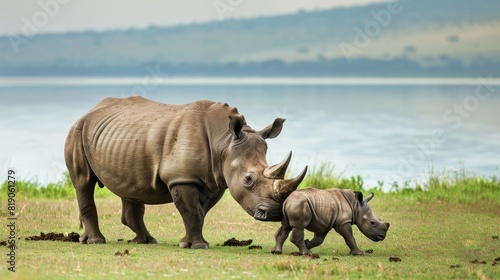 Rhino and calf in Lake Nakuru.