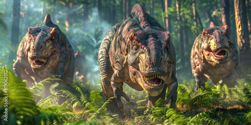 Dinosaurs in the Triassic period age in the green grass land background