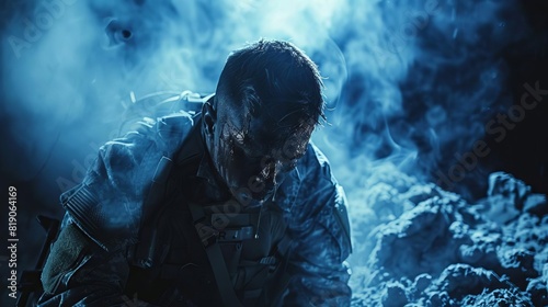 combat scene soldier injured, combat medic try to safe his live, cinematic shot, wide shot, dramatic lights, closeuo,