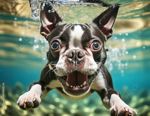 boston terrier dog under water mouth open big eyes