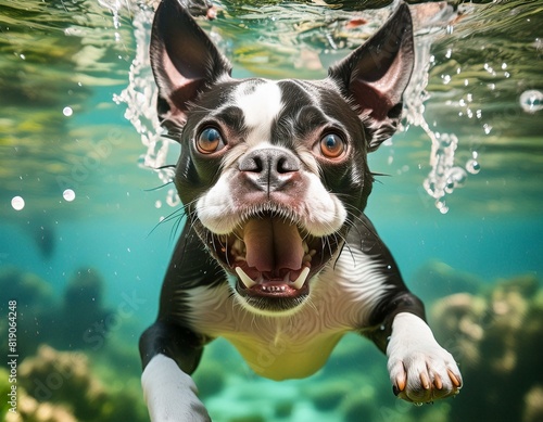 boston terrier dog under water mouth open big eyes