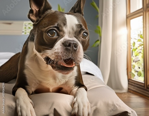 boston terrier dog on a bed with window